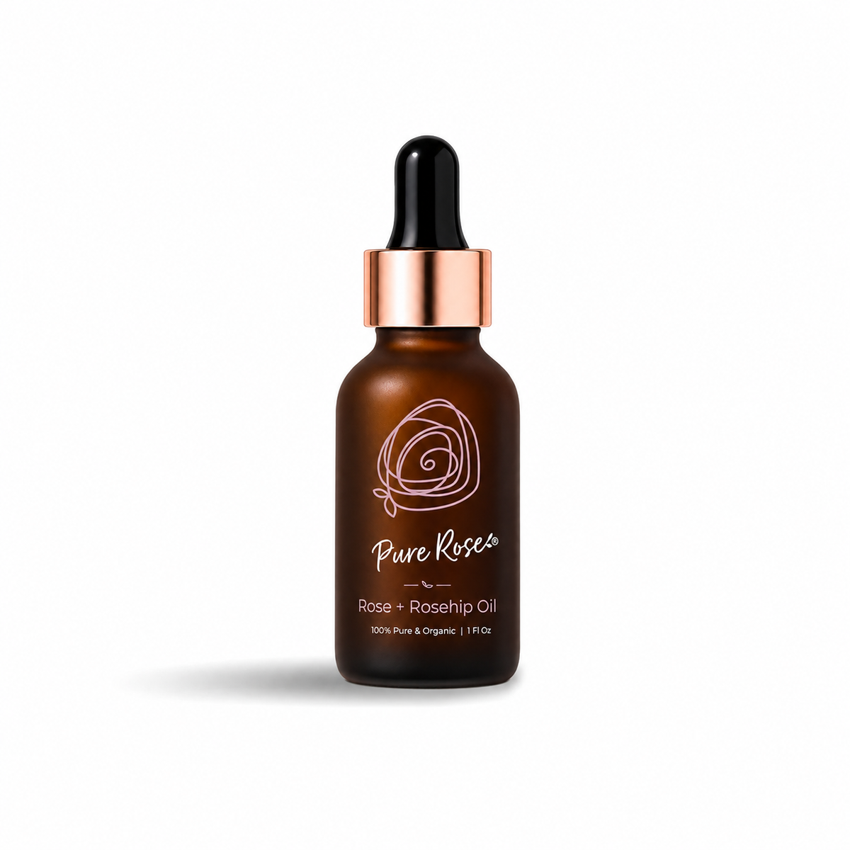Rose + Rosehip Oil dropper bottle on a white backdrop