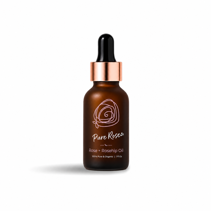 Rose + Rosehip Oil dropper bottle on a white backdrop