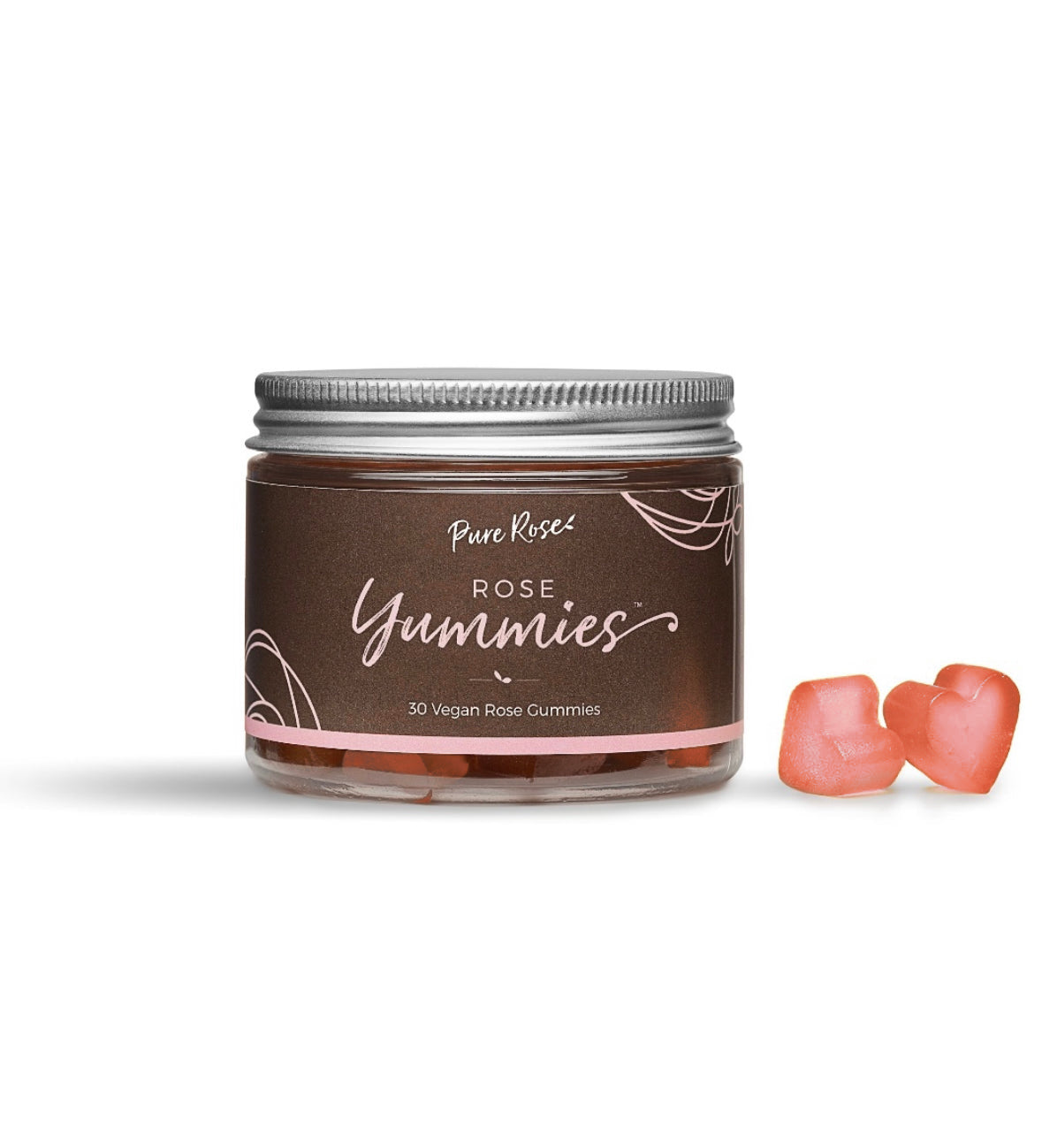 Rose Yummies jar with two coral heart gummies
