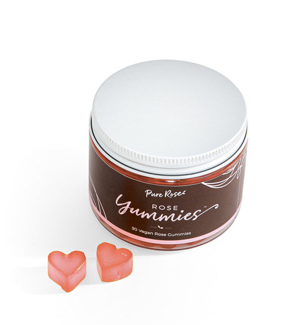 Rose Yummies jar with two coral heart gummies